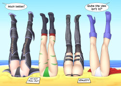Rule 34 | 4girls, ass, beach, boots, cammy white, capcom, cape, day, dc comics, head out of frame, humiliation, inugami-ke no ichizoku pose, legs, leotard, lower body, multiple girls, non-web source, power girl, prince of persia, ryona, sand, speech bubble, street fighter, street fighter iv (series), stuck, superman (series), thighs, thong, upside-down, water
