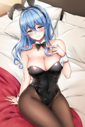 Rule 34 | 1girl, animal ears, bad id, bad pixiv id, bare shoulders, bed, black bow, black bowtie, black pantyhose, blue hair, blush, bow, bowtie, breasts, cleavage, detached collar, fake animal ears, fingernails, gotland (kancolle), indoors, kantai collection, large breasts, leotard, lips, long hair, mole, mole under eye, nanashiki fuuka, pantyhose, pillow, playboy bunny, rabbit ears, rabbit tail, sitting, smile, solo, strapless, tail, thighs, wrist cuffs