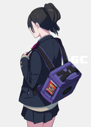 Rule 34 | 1girl, absurdres, back, backpack, bag, black hair, blazer, blue background, blush, cable, cowboy shot, fami (yellow skies), game console, gamecube, highres, holding, holding bag, jacket, long hair, mario, mario (series), nintendo, original, paper mario, paper mario: the thousand year door, pleated skirt, ponytail, school uniform, simple background, skirt, sleeves past wrists, solo