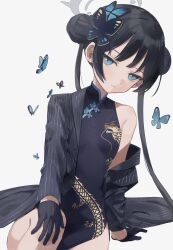 Rule 34 | 1girl, alternate eye color, arm support, black dress, black gloves, black hair, blue archive, blue eyes, breasts, bug, butterfly, butterfly hair ornament, cjsdh1000, coat, cowboy shot, double bun, dragon print, dress, expressionless, gloves, grey coat, hair bun, hair ornament, half gloves, halo, highres, insect, kisaki (blue archive), long hair, looking at viewer, off shoulder, open clothes, open coat, pinstripe pattern, print dress, short dress, side slit, simple background, single bare shoulder, sitting, sleeveless, sleeveless dress, small breasts, solo, striped, striped coat, twintails, vertical-striped coat, white background