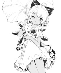 Rule 34 | 1girl, absurdres, ahoge, blush, bow, cirno, closed mouth, collared shirt, detached wings, dress, fairy, flower, greyscale, hair between eyes, hair bow, highres, holding, holding leaf, ice, ice wings, leaf, leaf umbrella, monochrome, morning glory, one eye closed, puffy short sleeves, puffy sleeves, shirt, short hair, short sleeves, simple background, siyumu, solo, sunflower, tanned cirno, touhou, white background, wings