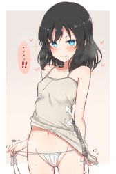 Rule 34 | !, !!, ..., 1girl, :q, bare arms, bare shoulders, black hair, blue eyes, blush, breasts, brown background, brown dress, closed mouth, collarbone, commentary, cowboy shot, dress, drooling, gluteal fold, groin, heart, highres, layla (mino), long hair, looking at viewer, naughty face, navel, nonono (mino), original, panties, saliva, side-tie panties, sleeveless, sleeveless dress, small breasts, smile, solo, sparkle, spoken ellipsis, sweat, tongue, tongue out, two-tone background, underwear, white background, white panties