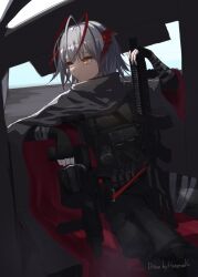 Rule 34 | 1girl, absurdres, arknights, artist name, black gloves, black pants, bulletproof vest, cape, closed mouth, fingerless gloves, gloves, grey cape, grey hair, gun, hetare galm sue, highres, holding, holding gun, holding weapon, horns, looking away, looking to the side, multicolored hair, pants, red eyes, red hair, short hair, sitting, solo, two-tone hair, w (arknights), weapon