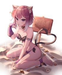 Rule 34 | 1girl, absurdres, animal ear fluff, animal ears, bare legs, bare shoulders, barefoot, bell, breasts, cat ears, cat girl, cat tail, coin, commentary, eyelashes, feet, fingerless gloves, flower, forehead, full body, gloves, hair flower, hair ornament, heart, heart tail, hibiscus, highres, jingle bell, looking at viewer, medium hair, multicolored hair, multiple tails, neck bell, outdoors, paw pose, pomp (qhtjd0120), princess connect!, purple eyes, purple gloves, purple hair, sand, shadow, sign, sitting, small breasts, solo, sparkle, streaked hair, symbol-only commentary, tail, tamaki (princess connect!), tamaki (summer) (princess connect!), thighs, toes, tongue, tongue out, two-tone hair, two tails, wariza, white hair