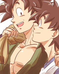 Rule 34 | 2boys, bag, bare pectorals, black eyes, black hair, dougi, dragon ball, dragonball z, father and son, hand on another&#039;s shoulder, happy, looking at another, male focus, miiko (drops7), multiple boys, open mouth, pectorals, shirt, simple background, smile, son goku, son goten, spiked hair, white background, white shirt, wristband