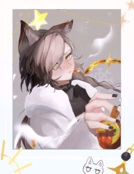Rule 34 | 1girl, animal ears, arknights, black nails, black sweater, blush, bmm yj2, braid, brown hair, cherry, cinnamon stick, drink, earrings, food, fruit, hand up, highres, holding, holding drink, implied extra ears, jacket, jewelry, lemon, lemon slice, long hair, long sleeves, looking at viewer, mole, mole above mouth, official alternate costume, open clothes, open jacket, penance (arknights), penance (occasionally flushed) (arknights), solo, star (symbol), sweater, white jacket, wolf ears, wolf girl, yellow eyes