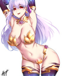 Rule 34 | 1girl, absurdres, armor, armpits, arms behind head, arms up, bikini, bikini armor, breasts, cowboy shot, curvy, earrings, elbow gloves, fate/grand order, fate (series), flower, gloves, glowing, gold, hair between eyes, hair ribbon, highres, jewelry, kama (fate), kama (third ascension) (fate), kisaragi tsurugi, large breasts, leaning forward, long hair, looking at viewer, lotus, navel, necklace, open mouth, purple ribbon, red eyes, ribbon, skindentation, smile, solo, strapless, strapless bikini, swimsuit, thighhighs, white background, white hair, yellow bikini