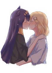Rule 34 | 2girls, absurdres, backlighting, black shirt, blonde hair, blush, commentary, cropped torso, closed eyes, facing another, from side, gradient hair, hand on another&#039;s shoulder, hayateto, highres, hololive, hololive english, kiss day, long hair, medium hair, multicolored hair, multiple girls, ninomae ina&#039;nis, orange hair, profile, purple hair, shirt, short sleeves, sketch, virtual youtuber, watson amelia, white shirt, yuri