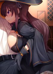 Rule 34 | 1boy, 1girl, black gloves, blush, breast press, breasts, brown hair, cape, cleavage, frilled skirt, frills, gloves, hair ornament, hand on another&#039;s crotch, haribote (desk of coulomb), hat, hetero, large breasts, leaning, long hair, original, purple eyes, skirt, smile, solo focus, witch, witch hat