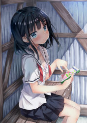 Rule 34 | 1girl, black hair, black skirt, blue eyes, blush, bow, bow bra, bra, bra peek, cellphone, collarbone, commentary request, day, feet out of frame, from side, hands up, highres, holding, holding phone, hot, itakurakou1993, lace, lace-trimmed bra, lace trim, legs together, lips, looking at viewer, looking to the side, miniskirt, neckerchief, open clothes, open shirt, original, outdoors, phone, pink bow, pink bra, pleated skirt, red neckerchief, sailor collar, school uniform, serafuku, shade, shirt, short sleeves, sitting, skirt, smartphone, smartphone case, solo, summer, summer uniform, sunlight, sweat, unbuttoned, unbuttoned shirt, underwear, undone neckerchief, white sailor collar, white shirt