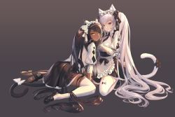 Rule 34 | 2girls, animal ears, animal print, apron, black hair, cat ears, cat print, cat tail, destiny child, hair ornament, highres, long hair, looking at viewer, maid, maid headdress, multiple girls, necktie, ribbon, serket (destiny child), silver hair, sytry (destiny child), tagme, tail, thighhighs, twintails, wrist cuffs, yellow eyes, zig90