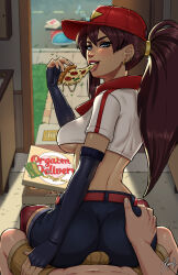 Rule 34 | 1boy, 1girl, belt, black shorts, blue eyes, breasts, brown hair, bulge, commentary, delivery, door, eating, english commentary, fingerless gloves, food, gloves, hat, hetero, highres, holding, holding food, holding pizza, league of legends, medium breasts, pizza, pizza delivery sivir, pizza slice, ponytail, pov, red belt, red thighhighs, shorts, sitting, sitting on lap, sitting on person, sivir, thighhighs, underboob, xinaelle