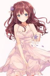 Rule 34 | 10s, 1girl, bare shoulders, between legs, blue eyes, blush, breasts, brown hair, cleavage, dress, eyebrows, flower, hair flower, hair ornament, hair ribbon, hand between legs, highres, ichinose shiki, idolmaster, idolmaster cinderella girls, jewelry, long hair, looking at viewer, necklace, outstretched hand, red hair, ribbon, simple background, sleeveless, sleeveless dress, smile, solo, sundress, tarayurata