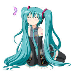 Rule 34 | :3, ^ ^, aqua hair, arm support, bare shoulders, blush, closed eyes, detached sleeves, closed eyes, hatsune miku, ino (magloid), ino (plan303e), long hair, musical note, necktie, skirt, solo, thighhighs, twintails, very long hair, vocaloid
