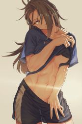 Rule 34 | 1girl, abs, absurdres, blue shirt, blue shorts, blush, breasts, brown eyes, brown hair, closed mouth, clothes lift, clothes pull, collarbone, commentary request, cowboy shot, groin, hair between eyes, hair over one eye, head tilt, highres, lifting own clothes, long hair, looking to the side, medium breasts, midriff, minaka shobu, mouth visible through hair, navel, original, shirt, shirt lift, short sleeves, shorts, shorts pull, side slit, sidelocks, smile, solo, standing, stomach, underboob