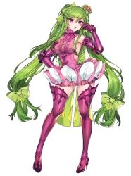 Rule 34 | 1girl, boots, bow, breasts, center frills, creatures (company), crown, dress, elbow gloves, frills, full body, game freak, gen 7 pokemon, gloves, green bow, green hair, hand up, high heel boots, high heels, katagiri hachigou, legs apart, long hair, medium breasts, mini crown, nintendo, no bra, open mouth, personification, pink dress, pink eyes, pink footwear, pink gloves, pink ribbon, pokemon, ribbon, short dress, sideboob, simple background, solo, spikes, standing, thigh boots, tri tails, tsareena, very long hair, white background