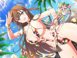 Rule 34 | + +, 1girl, black choker, black slingshot swimsuit, breasts, brown hair, chinese knot, choker, cleavage, confetti, crested ibis, day, earrings, floral print, flower-shaped pupils, gluteal fold, hair ornament, hair rings, hairpin, hand on own hip, heart, highres, jewelry, large breasts, light blush, long hair, mismatched earrings, multicolored hair, multiple hairpins, nail polish, navel, official art, open mouth, palm tree, pink pupils, red hair, red nails, revealing clothes, senran kagura, senran kagura new link, slingshot swimsuit, smile, stage, streaked hair, sunlight, swimsuit, symbol-shaped pupils, toki (senran kagura), tree, underboob, wet, wrist cuffs