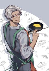 Rule 34 | 1boy, :d, absurdres, apron, arurandeisu, boned meat, border, chopsticks, collared shirt, cowboy shot, curry, curry rice, food, food-themed background, fried egg, fried egg on toast, from behind, frying pan, glasses, green apron, grey border, grey eyes, grey hair, grey pants, grey shirt, grey vest, hair slicked back, highres, hikariemochi, holding, holding chopsticks, holding frying pan, holostars, looking at viewer, looking back, lower teeth only, male focus, meat, omelet, omurice, onigiri, open mouth, outside border, pants, pizza, red-framed eyewear, rice, shirt, short hair, sleeves rolled up, smile, solo, teeth, toast, vest, virtual youtuber, white background