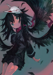 Rule 34 | 1girl, absurdres, bandana, black hair, black serafuku, black wings, closed mouth, commentary request, copyright request, fox mask, green eyes, hand on own face, highres, kaamin (mariarose753), looking at viewer, mask, mask on head, medium hair, pleated skirt, red bandana, red neckwear, school uniform, serafuku, skirt, solo, v-shaped eyebrows, wings