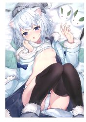 Rule 34 | 1girl, :o, absurdres, animal ears, black thighhighs, blue eyes, blue hair, blush, breasts, breasts out, clothes lift, coat, dog ears, dog girl, dog tail, fang, fur-trimmed coat, fur-trimmed footwear, fur-trimmed hood, fur-trimmed sleeves, fur trim, hair ornament, hat, unworn hat, unworn headwear, highres, hood, hood down, hooded coat, light blue hair, long sleeves, looking at viewer, lying, nipples, no bra, non-web source, on back, open mouth, original, panties, scarf, unworn scarf, short hair, skin fang, small breasts, snow, snow rabbit, snowflake hair ornament, solo, sweater, sweater lift, tail, thighhighs, thighs, topia, underwear, white hair, white panties