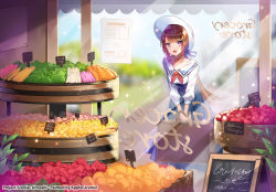 Rule 34 | 1girl, :d, apple caramel, artist name, bag, blue skirt, blunt bangs, blurry, blurry background, blush, breasts, brown hair, choker, collarbone, commentary request, copyright request, depth of field, food, hair ribbon, hat, highres, holding, holding bag, leaning forward, long hair, long skirt, long sleeves, looking at viewer, low ponytail, medium breasts, official art, open mouth, pink choker, purple eyes, red ribbon, ribbon, school uniform, shirt, shop, skirt, smile, solo, standing, sun hat, vegetable, very long hair, white hat, white ribbon, white shirt, window