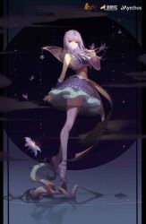 Rule 34 | 1girl, artist request, asymmetrical sleeves, black circle, branch, bug, butterfly, flower, hair ornament, high heels, highres, insect, light, official art, promotional art, purple hair, qinshi mingyue, ripples, shao siming (qin shi ming yue), skirt, thighhighs, third-party source, tiptoes, water