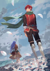 Rule 34 | 1boy, 1girl, adol christin, armored boots, arms at sides, arms behind back, blue eyes, blue hair, blue sky, boots, cloud, cloudy sky, commentary request, dated, dress, facing away, facing viewer, falling petals, field, flower, flower field, from below, full body, green scarf, hair between eyes, hill, kiruri (mimosayoshi), light particles, long hair, looking to the side, outdoors, petals, red hair, red tunic, scarf, short hair, sky, standing, tia (ys), white flower, wind, wind lift, ys
