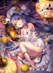 Rule 34 | 1girl, bare legs, bare shoulders, barefoot, blue ribbon, breasts, cleavage, crescent, crescent hair ornament, detached sleeves, dress, hair ornament, hair ribbon, hat, kedama milk, lantern, long hair, looking at viewer, lying, mob cap, on side, patchouli knowledge, pillow, purple eyes, red ribbon, revision, ribbon, small breasts, smile, solo, touhou, very long hair, white dress