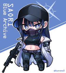 Rule 34 | 1girl, armband, assault rifle, bare shoulders, baseball cap, belt, black footwear, black gloves, black hair, black hat, black mask, black pants, black shirt, blue archive, blue eyes, blunt bangs, boots, breasts, buckle, character name, chest harness, chibi, coat, commentary, copyright name, covered mouth, crop top, cross-laced footwear, full body, gloves, groin, gun, halo, harness, hat, holding, holding gun, holding weapon, holster, knife sheath, kurono, lace-up boots, long hair, looking at viewer, mask, medium breasts, midriff, mouth mask, navel, off shoulder, open clothes, open coat, pants, rifle, saori (blue archive), sheath, shirt, sidelocks, sig 516, sig sauer, sleeveless, sleeveless shirt, snap-fit buckle, solo, standing, thigh holster, twitter username, underbust, weapon, white background, white coat