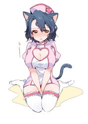 Rule 34 | 10s, 1girl, animal ears, blue hair, blush, breasts, cat ears, cleavage, cleavage cutout, clothing cutout, heart-shaped hole, huge breasts, idolmaster, idolmaster million live!, looking at viewer, peeing, peeing self, simple background, sitting, solo, thighhighs, toyokawa fuka, yellow eyes