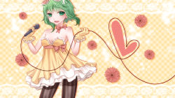 Rule 34 | 1girl, bow, dress, eyewear on head, gloves, green eyes, green hair, gumi, highres, looking at viewer, matching hair/eyes, microphone, open mouth, pantyhose, short hair, smile, solo, striped clothes, striped pantyhose, vertical-striped clothes, vertical-striped pantyhose, vocaloid, yayoi (egoistic realism)