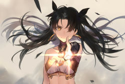 Rule 34 | 1girl, absurdres, armlet, asymmetrical sleeves, bare shoulders, bikini, bikini top only, black bow, black hair, bow, breasts, bridal gauntlets, cleavage, closed mouth, detached collar, earrings, fate/grand order, fate (series), gold trim, hair bow, highres, hoop earrings, huge filesize, ishtar (fate), jewelry, lens flare, long hair, looking at viewer, medium breasts, neck ring, parted bangs, pointing, solo, swimsuit, tiara, two side up, uneven sleeves, virtu.al, white bikini, yellow eyes