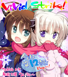 Rule 34 | 2girls, :d, aged down, ahoge, black gloves, blush, brown hair, coat, copyright name, fujima takuya, fuuka reventon, gloves, green eyes, hair ribbon, long hair, looking at another, lyrical nanoha, multiple girls, open mouth, pink background, pink gloves, ponytail, purple eyes, ribbon, rinne berlinetta, scarf, shared clothes, shared scarf, sidelocks, silver hair, smile, snowflake background, snowflakes, sparkle, speech bubble, vivid strike!