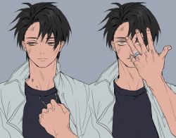 Rule 34 | 2boys, black hair, blue background, broken necklace, closed mouth, commentary, dirty, dirty face, hand up, jacket, jewelry, jujutsu kaisen, kukig8765, looking at viewer, male focus, multiple boys, necklace, okkotsu yuuta, open clothes, open jacket, parted lips, ring, short hair, symbol-only commentary, upper body, white jacket