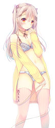 Rule 34 | 1girl, 3:, black ribbon, blonde hair, blue bra, blue panties, blush, bra, breasts, cardigan, cleavage, closed mouth, hair between eyes, hair ornament, hair ribbon, hairclip, hand up, long hair, looking to the side, navel, neck ribbon, open cardigan, open clothes, orange eyes, original, panties, pink thighhighs, ribbed legwear, ribbon, simple background, sleeves past wrists, small breasts, solo, standing, thighhighs, tsurime, two side up, ueno tomo, underwear, white background