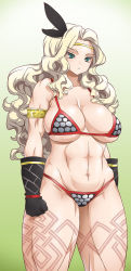 Rule 34 | 1girl, :&lt;, abs, amazon (dragon&#039;s crown), armor, bikini armor, black gloves, blonde hair, breasts, circlet, dragon&#039;s crown, feathers, gloves, green background, green eyes, large breasts, long hair, muscular, muscular female, onomeshin, solo, tattoo, thick thighs, thighs