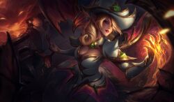 Rule 34 | 1girl, absurdres, alex flores, armor, bewitching morgana, blonde hair, breasts, cat, claws, cleavage, commentary, dress, english commentary, frog, green eyes, hair over one eye, hat, highres, jewelry, large breasts, league of legends, lips, long hair, magic, monster girl, morgana (league of legends), open mouth, solo, white dress, white hat, wings, witch, witch hat