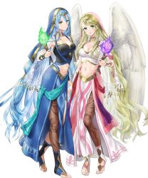 Rule 34 | 2girls, azura (fire emblem), blonde hair, blue eyes, breasts, capelet, detached collar, dress, feathered wings, fire, fire emblem, fire emblem: radiant dawn, fire emblem fates, fire emblem heroes, full body, gold trim, green eyes, habit, highres, holding, jewelry, kaya8, leanne (fire emblem), long hair, medium breasts, midriff, multiple girls, navel, necklace, nintendo, non-web source, official art, pantyhose, see-through, simple background, stomach, toes, torch, transparent background, very long hair, wings, yellow eyes