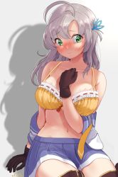 Rule 34 | 1girl, black gloves, black thighhighs, blush, bra, breasts, full-face blush, gloves, green eyes, grey hair, hand on own chest, highres, kantai collection, kinugasa (kancolle), large breasts, long hair, looking at viewer, shadow, unworn shirt, sitting, skirt, soba chatarou (tita), solo, thighhighs, underwear, yellow bra
