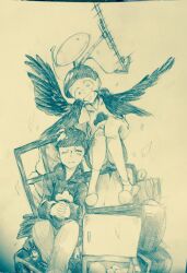Rule 34 | 2boys, ahoge, alarm clock, animal on arm, ankle socks, arrow (symbol), bags under eyes, bandaid, bandaid on knee, bandaid on leg, bird, bird on arm, blunt bangs, broken, brothers, clock, closed mouth, cloud print, commentary request, crack, cracked glass, crow, crt, feathered wings, feet out of frame, frown, full body, greyscale, halo, hanada hyou, heart, heart in mouth, hood, hood down, hoodie, interlocked fingers, male focus, matsuno ichimatsu, matsuno jyushimatsu, monochrome, multiple boys, one eye closed, open mouth, osomatsu-san, own hands clasped, own hands together, pants, photo (medium), refrigerator, satellite dish, short hair, shorts, siblings, sitting, sketch, sleeves past fingers, sleeves past wrists, slippers, smile, socks, spread wings, straight-on, sweatpants, traditional media, very short hair, wide-eyed, window, wings