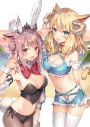 Rule 34 | 2girls, animal ears, warrior of light (ff14), beach, bell, black panties, blonde hair, blue eyes, blush, bow, bowtie, breasts, cat ears, cat tail, cleavage, collar, commentary request, crop top, cuffs, detached collar, detached sleeves, facial mark, fake animal ears, final fantasy, final fantasy xiv, fishnet pantyhose, fishnets, hair between eyes, halterneck, highres, horns, jingle bell, large breasts, looking at viewer, medium hair, miqo&#039;te, momoko (momopoco), multiple girls, nail polish, navel, neck bell, ocean, open mouth, panties, pantyhose, rabbit ears, red eyes, sidelocks, slit pupils, standing, tail, tail bell, tail ornament, thigh gap, thighhighs, underwear, white legwear