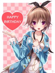 Rule 34 | 1girl, :d, black ribbon, blue jacket, blush, border, brown hair, chaamii, character request, checkered background, clenched hand, collarbone, eyelashes, eyes visible through hair, hair between eyes, hands up, happy birthday, hapymaher, head tilt, heart, highres, jacket, long hair, long sleeves, looking at viewer, low ponytail, open clothes, open hand, open jacket, open mouth, pink background, purple eyes, ribbon, shirt, signature, simple background, smile, solo, spiked hair, tsurime, upper body, white border, white shirt