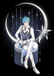 Rule 34 | 1boy, ahoge, arm on thigh, belt, black background, black sash, blue eyes, blue hair, closers, crescent, cross tie, crossed legs, ear ornament, flower, full body, gloves, grin, hair between eyes, highres, jacket, long jacket, long sleeves, looking at viewer, nata (closers), official art, on chair, oxfords, pants, purple vest, sash, shirt, shoulder sash, sitting, smile, solo, striped clothes, striped vest, tachi-e, thigh belt, thigh strap, vertical-striped clothes, vertical-striped vest, vest, white flower, white gloves, white jacket, white pants, white shirt
