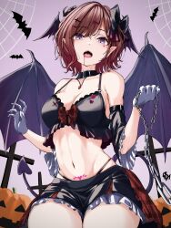 Rule 34 | 1girl, absurdres, bare shoulders, bat wings, breasts, brown hair, choker, cleavage, commentary, endo yohane, gloves, hair ornament, hairclip, hairpin, halloween costume, highres, higuchi madoka, idolmaster, idolmaster shiny colors, looking at viewer, medium breasts, miniskirt, mole, mole under eye, navel, pubic tattoo, purple eyes, short hair, skirt, solo, tattoo, wings