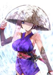 Rule 34 | 1girl, arm up, bare shoulders, blue eyes, blush, breasts, bright pupils, closed eyes, cosaten, cowboy shot, detached sleeves, earrings, fate/grand order, fate (series), hand on headwear, holding, holding sword, holding weapon, japanese clothes, jewelry, kimono, long hair, long sleeves, looking at viewer, medium breasts, miyamoto musashi (fate), miyamoto musashi (first ascension) (fate), obi, pink hair, purple kimono, sash, shaded face, short kimono, smile, snow, snowing, solo, standing, sword, tareme, underbust, unsheathed, weapon, winter