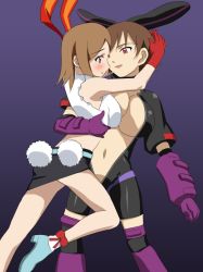 Rule 34 | 00s, 2girls, :d, animal ears, ankle boots, armpits, asymmetrical docking, back, belt, black bodysuit, blue background, blush, bodysuit, boots, bow, breast press, breasts, brown hair, center opening, cleavage, crop top, elbow gloves, embarrassed, eye contact, getsumento heiki miina, gloves, gradient background, groin, high heels, hug, huge breasts, koushuu suiren, large breasts, legs, looking at another, magical girl, midriff, miniskirt, multiple girls, multiple tails, navel, no bra, ootsuki mina, open bodysuit, open clothes, open mouth, open shirt, parted bangs, pencil skirt, profile, rabbit ears, rabbit tail, red eyes, sanshita, shiny clothes, shirt, shoes, short hair, short sleeves, skirt, sleeveless, sleeveless shirt, smile, standing, steepled fingers, symmetrical docking, tail, thighhighs, torso grab, tsukishiro mina, tsukuda mina, unzipped, yuri