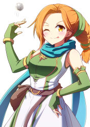 Rule 34 | 1girl, ;p, bare shoulders, blue scarf, blush, cath (fire emblem), commentary request, dress, elbow gloves, fingerless gloves, fire emblem, fire emblem: the binding blade, gloves, green gloves, green ribbon, hair ribbon, highres, looking at viewer, minamonochaba, nintendo, one eye closed, orange eyes, orange hair, partial commentary, ribbon, scarf, sleeveless, sleeveless dress, solo, tongue, tongue out, white background