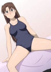 Rule 34 | 1girl, asymmetrical bangs, azumanga daiou, bare arms, blush, breasts, brown eyes, brown hair, closed mouth, commentary, covered erect nipples, frown, glasses, hall onon, highres, long hair, looking at viewer, medium breasts, mizuhara koyomi, school swimsuit, shiny skin, simple background, sitting, solo, split mouth, spread legs, swimsuit