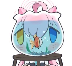Rule 34 | 1girl, 5uj0, :3, ahoge, air bubble, animal ears, animalization, black skirt, blue archive, blue eyes, blue necktie, blush stickers, bubble, cat ears, chibi, commentary request, empty eyes, fish, fishbowl, goldfish, halo, hands on own thighs, highres, hoshino (blue archive), kemonomimi mode, korean commentary, looking at animal, necktie, pink hair, refraction, sensei (blue archive), shirt, simple background, sitting, skirt, solo, staring, tareme, underwater, water, white background, white shirt, yellow eyes