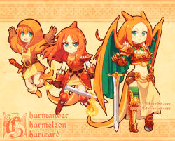 Rule 34 | 3girls, bandaged arm, bandages, beanie, beige background, belt, breasts, brown gloves, buckle, character name, charizard, charmander, charmeleon, child, cleavage, closed mouth, creatures (company), dav-19, evolution, evolutionary line, eyelashes, fiery tail, fighting stance, fire, flame-tipped tail, flat chest, game freak, gauntlets, gen 1 pokemon, gloves, green eyes, hair between eyes, happy, hat, holding, holding sword, holding weapon, horns, jumping, long hair, long sleeves, looking at viewer, midriff, multiple girls, navel, nintendo, orange hair, parted bangs, personification, poke ball, poke ball (basic), pokemon, serious, shoes, short sleeves, shoulder blades, single horn, small breasts, spikes, standing, sword, tail, watermark, weapon, web address